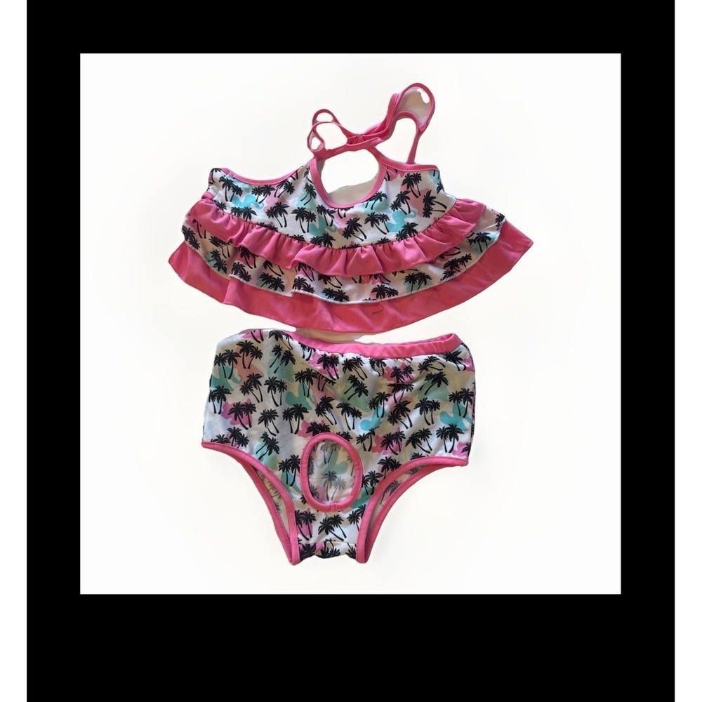 Pink‎ Tropical Palm Tree Pet Bikini Set Two-Piece Dog Swimsuit with Ruffles
